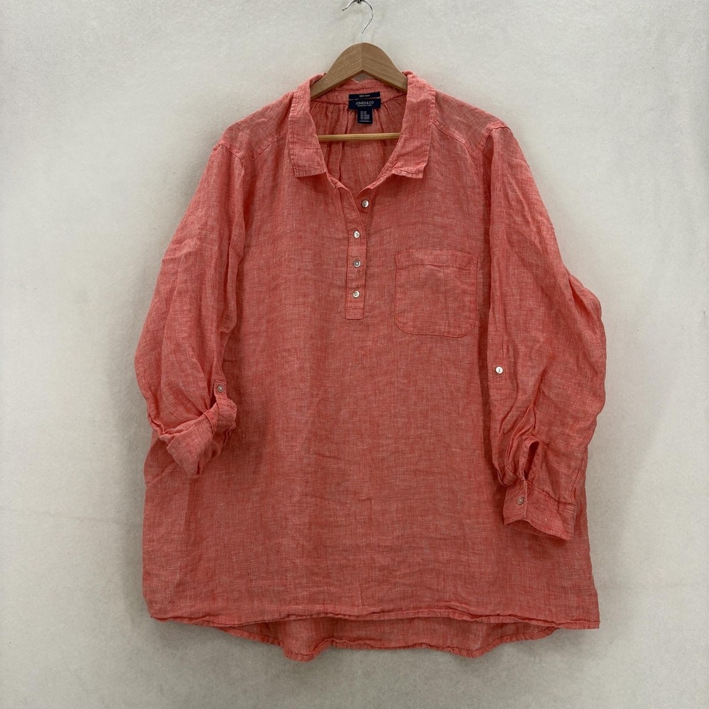 Jones New York Blouse Womens 2X Pink 100% Linen Collared Roll Tab Tunic Top